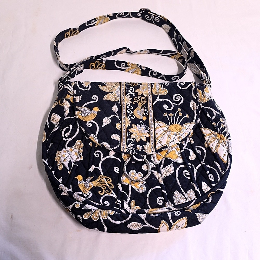 Vera Bradley Crossbody Bag Women Medium Black Yellow Bird Quilted Messenger Bag